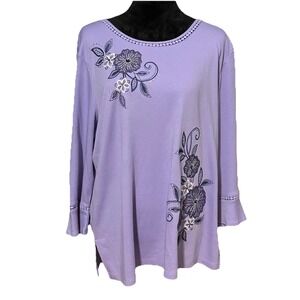 Alfred Dunner Blouse XL Embroidered Floral Top Wisteria Lane Purple NWT Classic